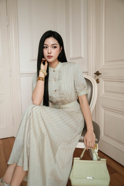 Sixdo Dark Beige Organza Flared Dress